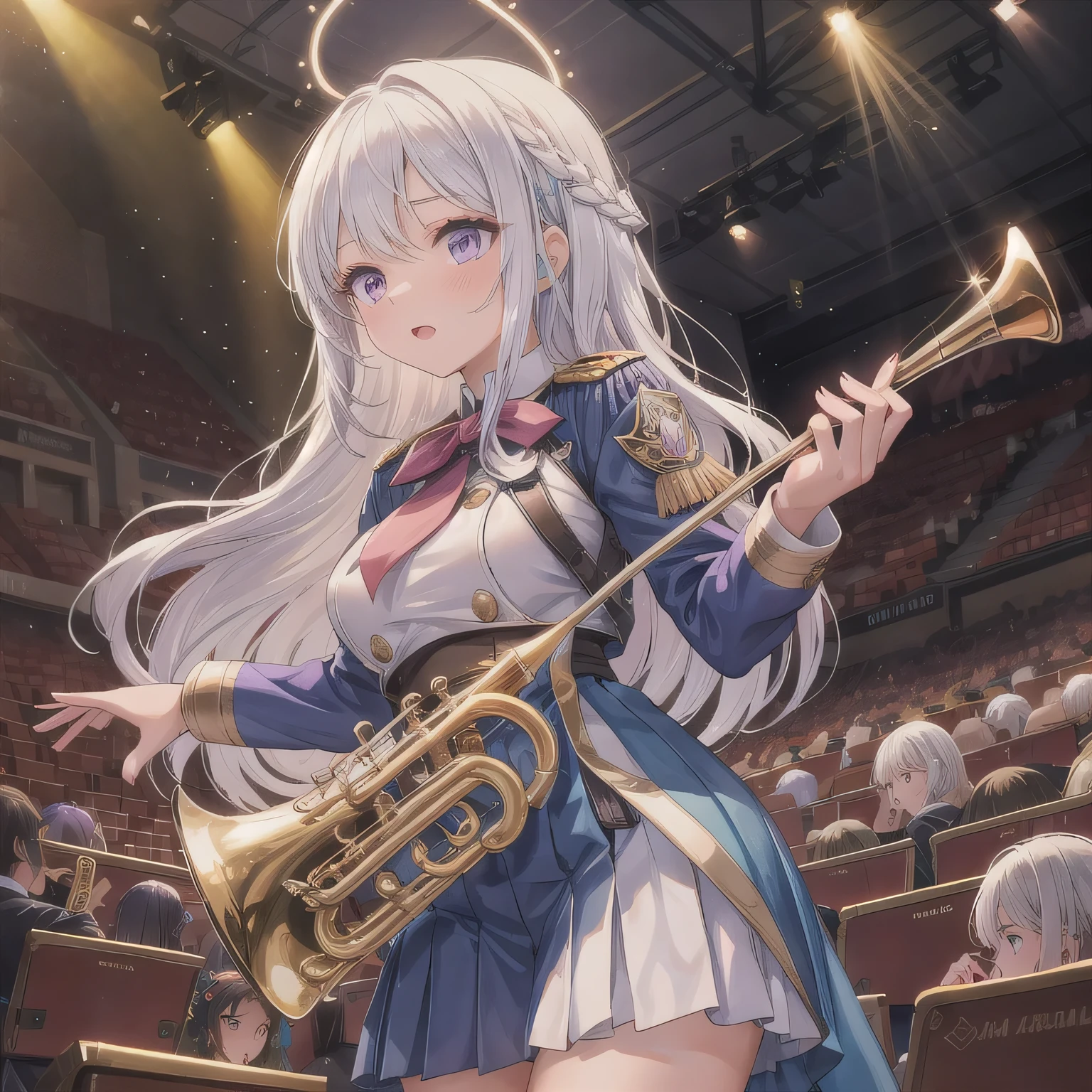 Depict a 20-year-old, dazzlingly beautiful woman playing a brass instrument in a grand concert hall. She wears an elegant yet practical band uniform, designed with intricate gold embroidery. Her posture is poised, fingers positioned with precision, her eyes focused as she plays passionately. The warm stage lighting highlights the shine of her instrument, creating a visually striking contrast between her and the surrounding orchestra. White hair, long hair, purple eyes.