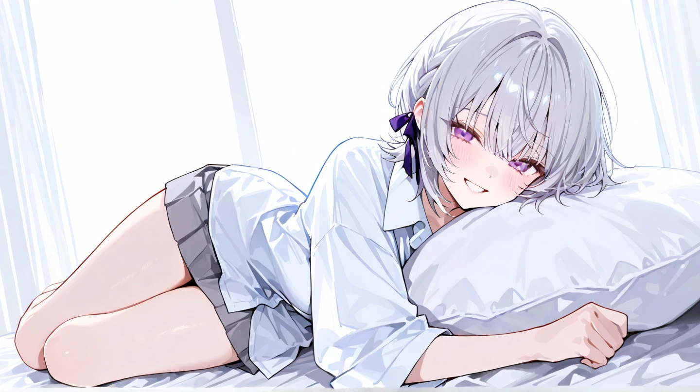 ,Highest quality,Silver Hair,Lion tail,Lion ears,Purple Eyes,Very short hair,Straight Hair,Flat breasts,Slanted Eyes,Dress shirt,naked,tie,Bedroom,On the bed,slender,