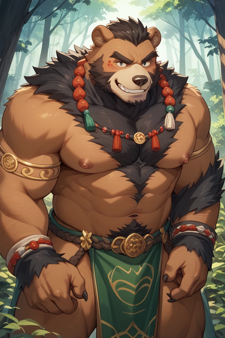 Giant Obese sumo wrestler lean lynx, femboy, male, with flat chest, big black nipples, toned, nature background, plantigrade, long wild dreadlocks, small white loincloth, african, dark skin, markings
