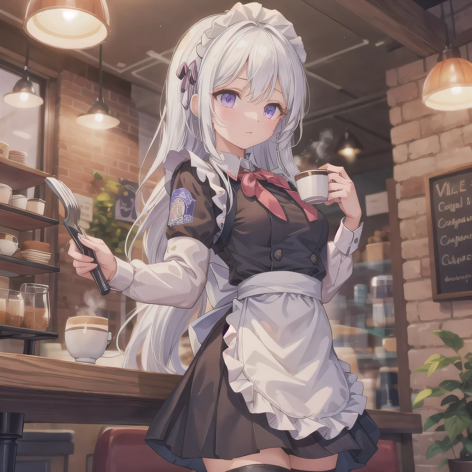 A girl is working as a waitress in a cozy cafe. She's wearing a classic maid outfit. The air feels warm and calm, and it's like you can almost smell the coffee through the picture. White hair, long hair, purple eyes.