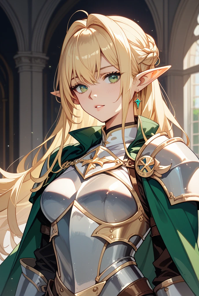 ((masterpiece, best quality)), manga style, elf warrior in armor, blond hair, elf ears, hands behind back, best qualityer，8K， masterpiece, high resolution,1girl, two tone lighting, (high detail skin：1.2), beautiful face, gentle illumination,