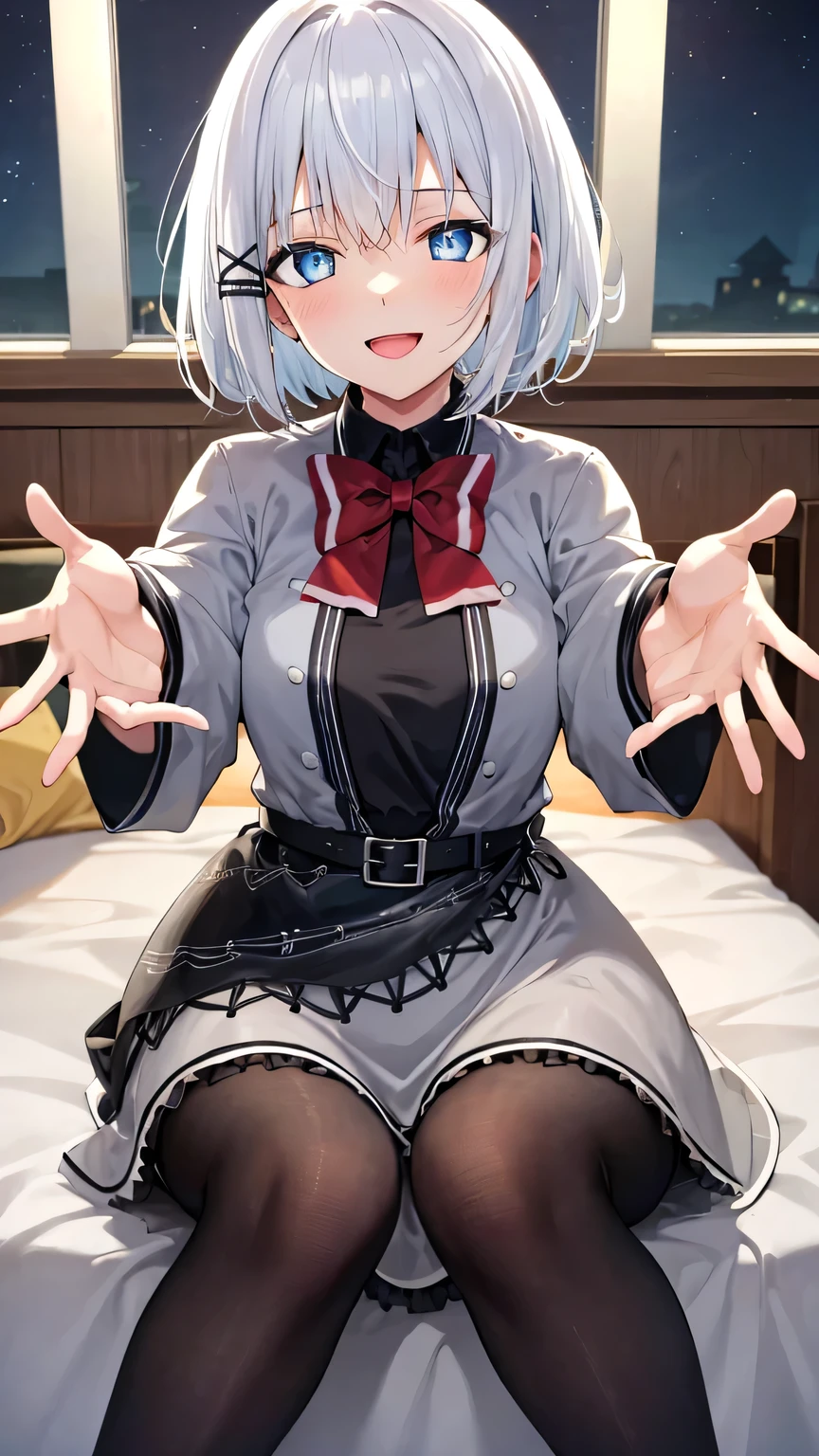 {{{masterpiece}}}, (best quality:1.5), (ultra-detailed:1.5), {illustration}, {{an extremely delicate and beautiful}}, (beautiful detailed eyes:1.6), absurdres, highres, extremely detailed face, 16k, hd, visual anime de uma jovem mulher, extremamente bonito rosto de anime, anime melhor garota, (perfect hands, perfect anatomy), anime face, Siesta (The Detective Is Already Dead), 1girl, solo, cute face, white hair, short hair, bangs, x hair ornament, sidelocks, blue eyes, (High resolution eyes, Beautiful eyes, Light in the eyes), medium breasts, big hips, curvaceous, BREAK, grey jacket, grey dress, long sleeve, grey sleeve, black shirt, red bowtie, black belt, black apron, grey skirt, (mini skirt:1.3), flared skirt, black pantyhose, thighs, zettai ryouiki, BREAK, INCOMING HUG, INCOMING KISS, night, indoor, bedroom, on the bed, window, moonlight, open mouth, smiling, confession, embarrassed, flushed cheeks,from front, looking at viewer, dark room, knees together feet apart, sit