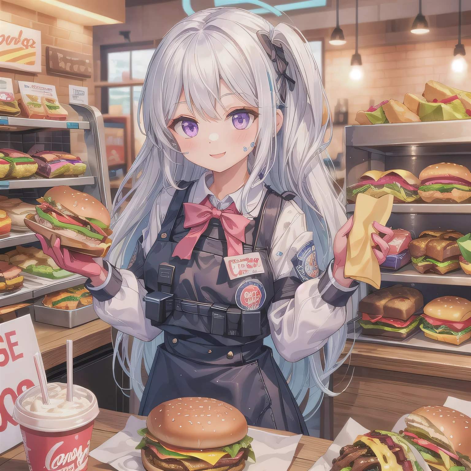 She is a cheerful girl working behind the counter at a cozy burger shop. She is wearing a cute burger shop uniform and smiling warmly at the customers. The background shows a bright and clean fast food counter with menu boards. White hair, long hair, purple eyes.