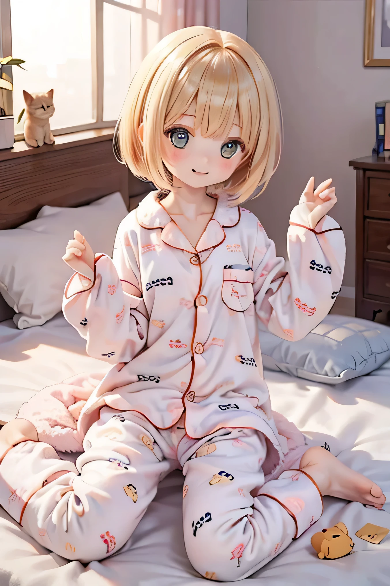 Armin Girl ((((pajamas)))) on the bed 、smile, cat、 Before Dull 、cat