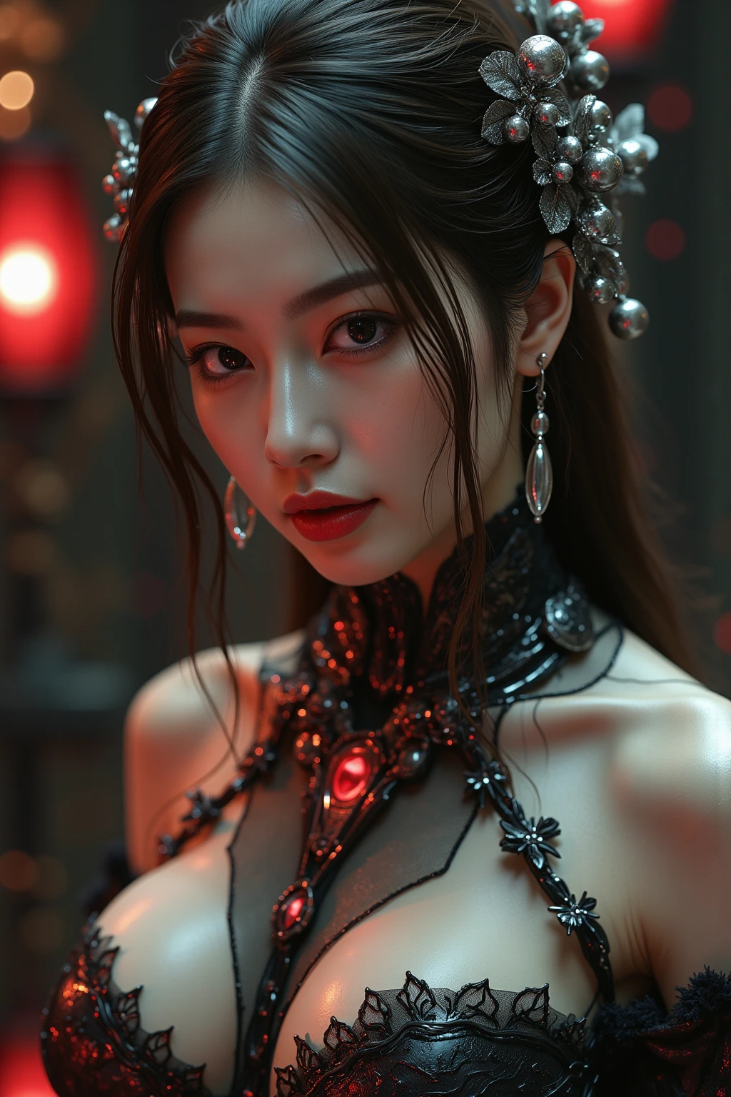 ((hyperrealistic, photorealistic, 8k, intricate details)) a vampire geisha sorceress goth cyberpunk succubus hottie, full lips, full breasts, oily skin, looking dark and scary (and daring) in a dark, neon-lit futuristic setting.