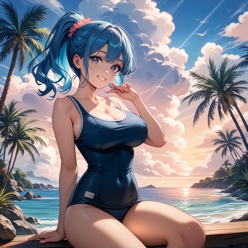 (masterpiece, official art), 1girls, solo, shortstackBT, shortstack, thick, curvy, curvaceous, plump, goddess, light blue hair, dark sunglasses on head, long hair, sona buvelle, twintails, hair ornament, (tank top, denim shorts, navel), (closeup), portrait, (gigantic breasts), standing, cowboy shot, at beach, lifeguard, looking at viewer, (upper body), smile, seductive, alluring attire