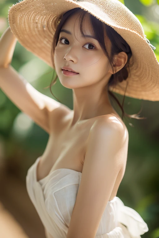 ((top quality, 8k, masterpiece: 1.3)), women (full body portrait, front, babydoll wearing, wet clothes, big breasts, cleavage), sandy beach, lying pose, sun hat,overhead camera, sharp focus: 1.2, cute women: 1.4, (((hairstyle random)), wet hair, very detailed face and skin and hair texture, detailed eyes, double eyelids, white skin, beautiful delicate nose, Cute young Japan woman, 28 years old, at a dynamic angle, is pleasing to the eye and suggestive composition, emphasizing the subject's hair, eyes, mouth and action, while exuding melancholy emotions characterized by a contrasting mix of muted tones and light and shadow,