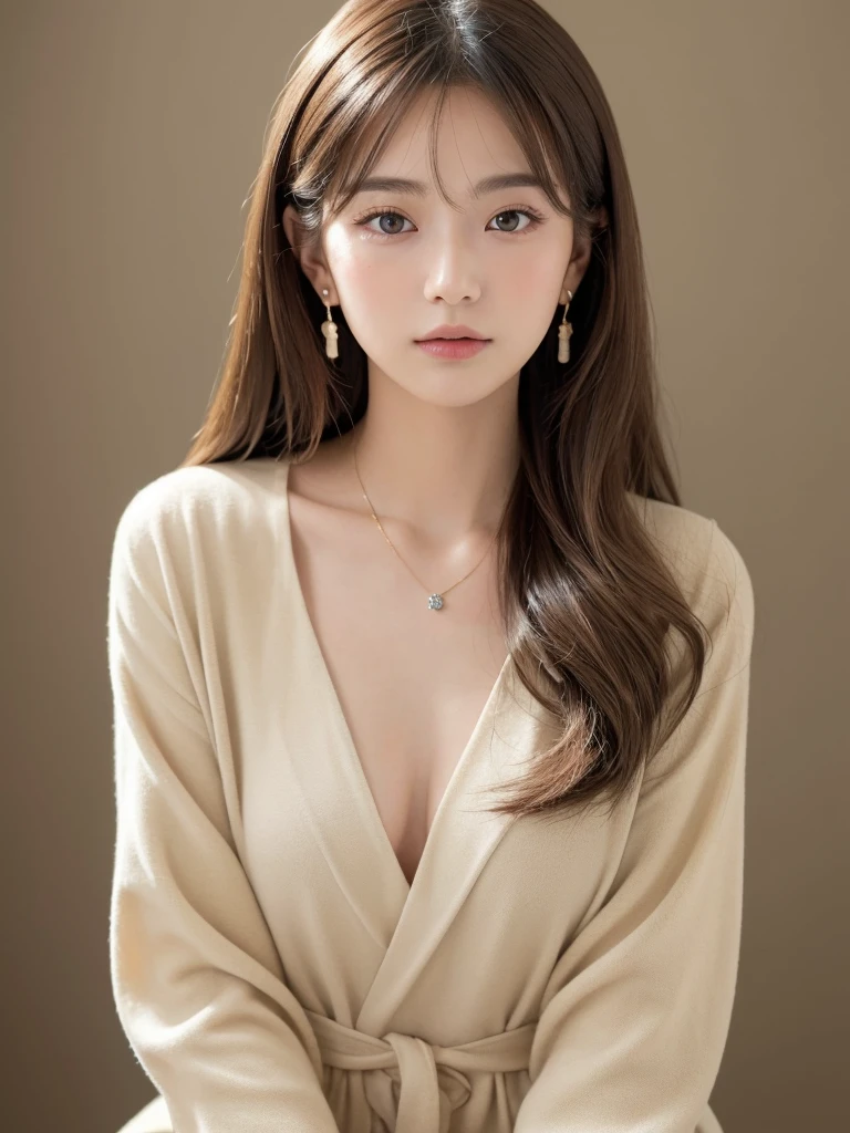 Highest quality、masterpiece 、one person's, alone,very cute, Long Hair, blue eyes, jewelry, Mouth closed:1.5, Jacket, Upper Body, Pink Hair, Earrings, necklace, From the side, sweater, Fuller lips, Wavy Hair, 耳のEarrings, eye shadow, cheek、hoop Earrings, Pink Lips, Variegated eyes, Pink Theme, , ピンクのeye shadow,