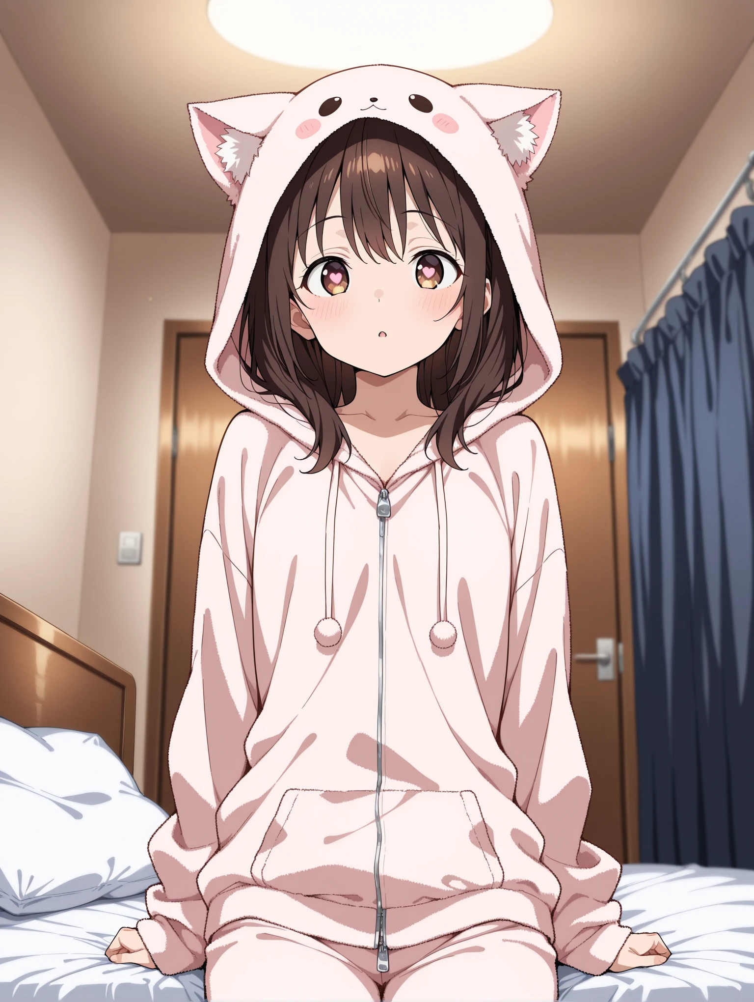 Embarrassed 11-year-old anime-style girl wearing cat pajamas and a cat-ear hoodie sitting on a bed with her face all red