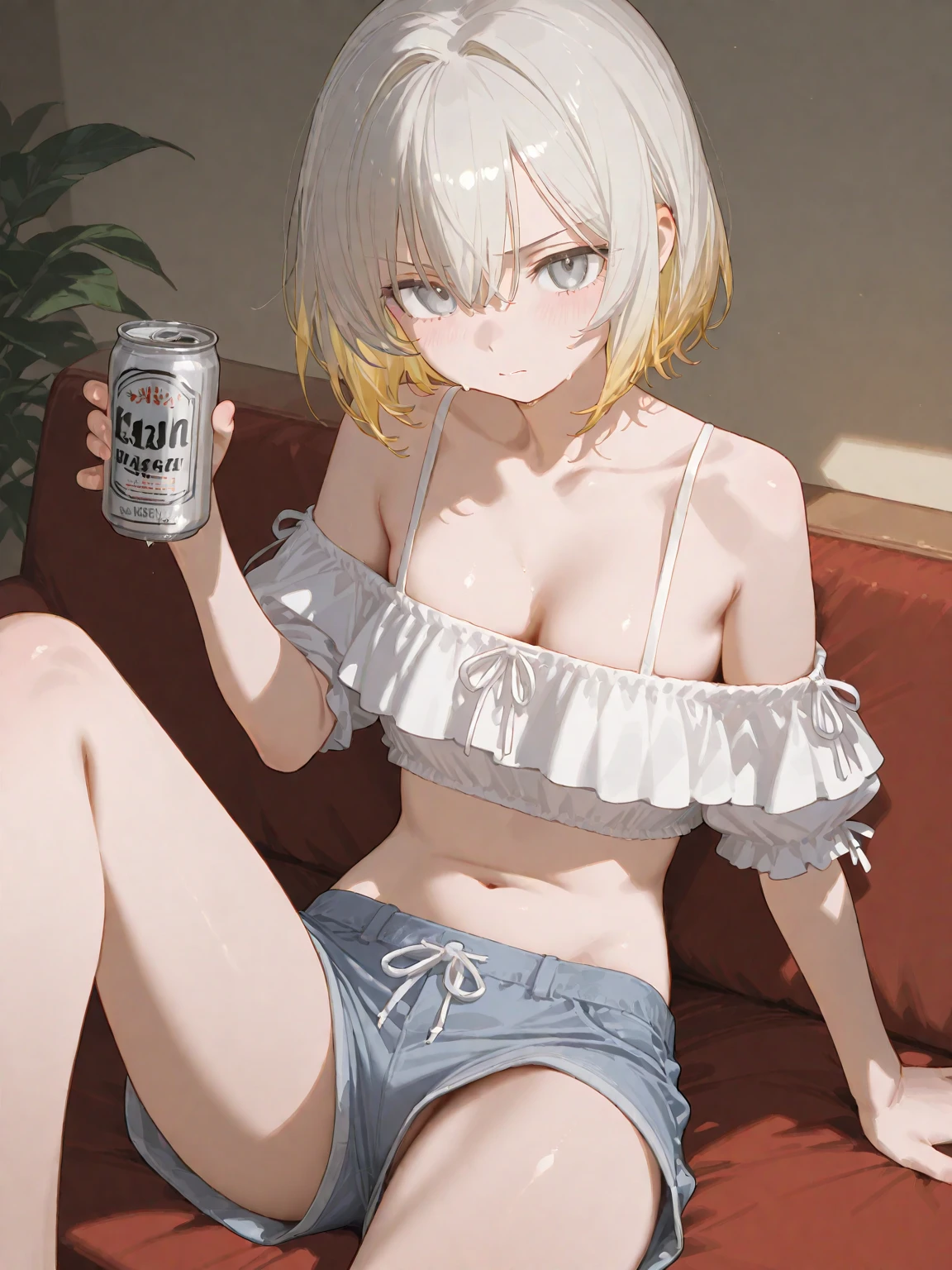 Milf with dark skin,white hair,Cat's ears, wearing a sweaty white shirt with nipple marks on his chest,short legging, drinking a can of beer