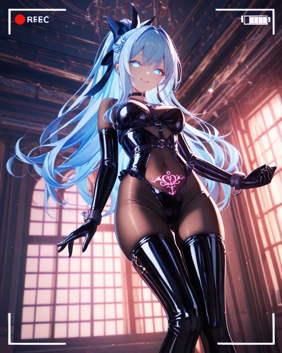 ((Top Quality, 8k, Masterpiece: 1.3)), (Crisp Focus: 1.2), ((Solo: 1.5, 1 girl: 1.5)), (Beautiful Woman with Perfect Figure: 1.4, Slender Abs: 1.2), ((Layer-Cut, Big: 1.2)), (Wet Body: 1.5), Highly Detailed Face and Skin Texture, Detailed Eyes, Face, Double Eyelids, silver hair, half up pigtails, amber eyes, ((Round face)), 17yo japanese, ((shiny purple bodysuits: 1.5)), tight stocking, navel, bare midriff, skindentation, elbow gloves, boots, slave collar, BDSM, high leg, open legs, mole on chest, bed room, ((ass visible through thighs: 1.2)), (((seductive smile: 2.8))), cleavage, wide-eyed, glow eyes, nose blush, ((open mouth, tongue out: 1.8, drooling: 1.8)), ahg, rolling eyes, drunken eyes, cameltoe, (super fine makeup), piercing, ((prison cell)), moonlight, (((vulgarity))), in heat, from below, ceiling, upskirt, looking down at viewer, whip,