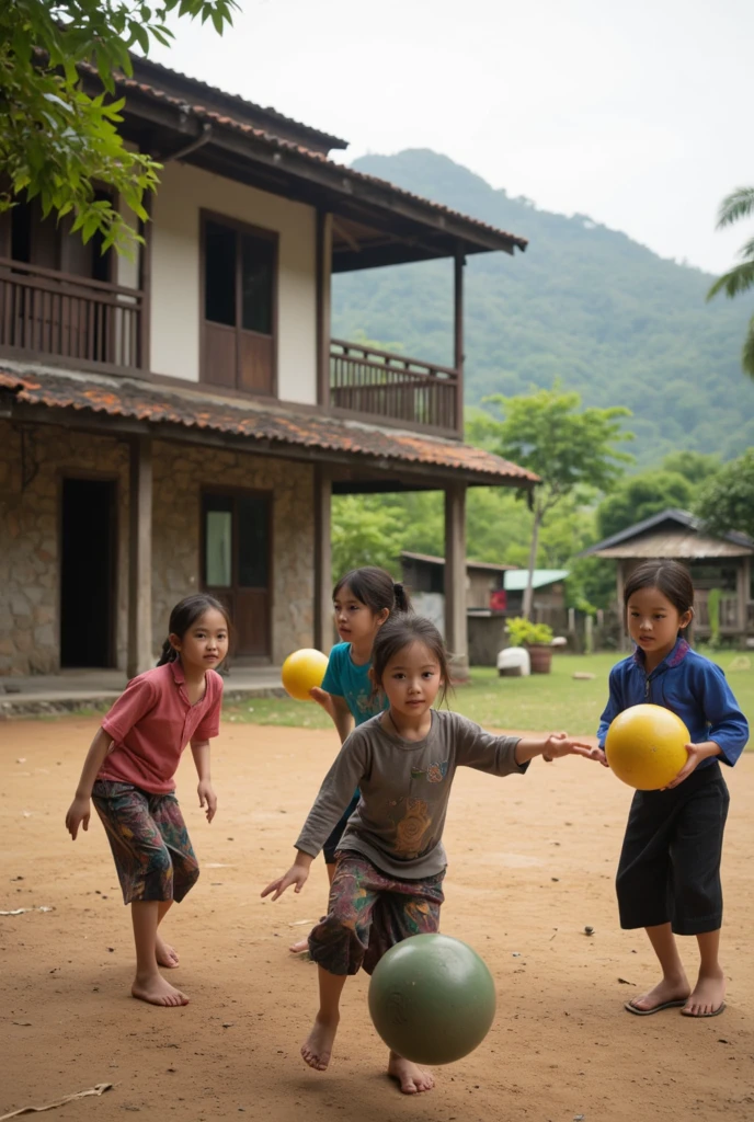Prompt : The children are playing marbles in the yeard in the village in Indonesia