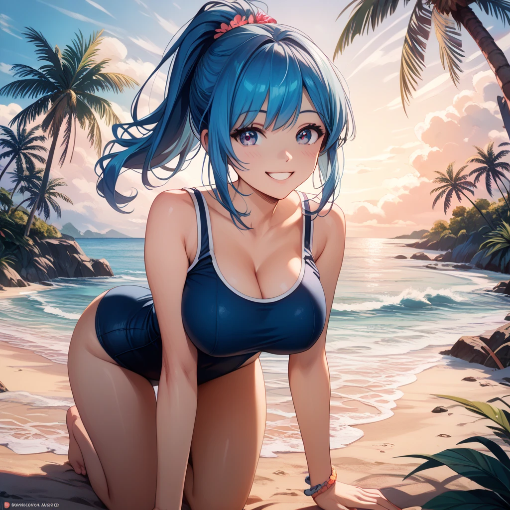((masterpiece)), ((best quality)), (detailed), 1 girl, gorgeous woman with blue bikini, blue hair, short pigtails, purple eyes, medium breast, short, skinny, luscious lips, huge booty, sexy, by the beach, timid