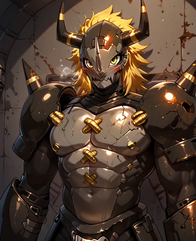 masterpiece, best quality, 32k, high resolution, absurdres,   zzBlckWrgrymn, solo, no humans, horns, armor, helmet, blonde hair, spikes, yellow eyes, 1boy, male focus, monster, claws, robot, shoulder pads, mask,  (upper body, claw, rust:1.2),   <lora:BlackWargreymonDigimonIXL:1.0>,