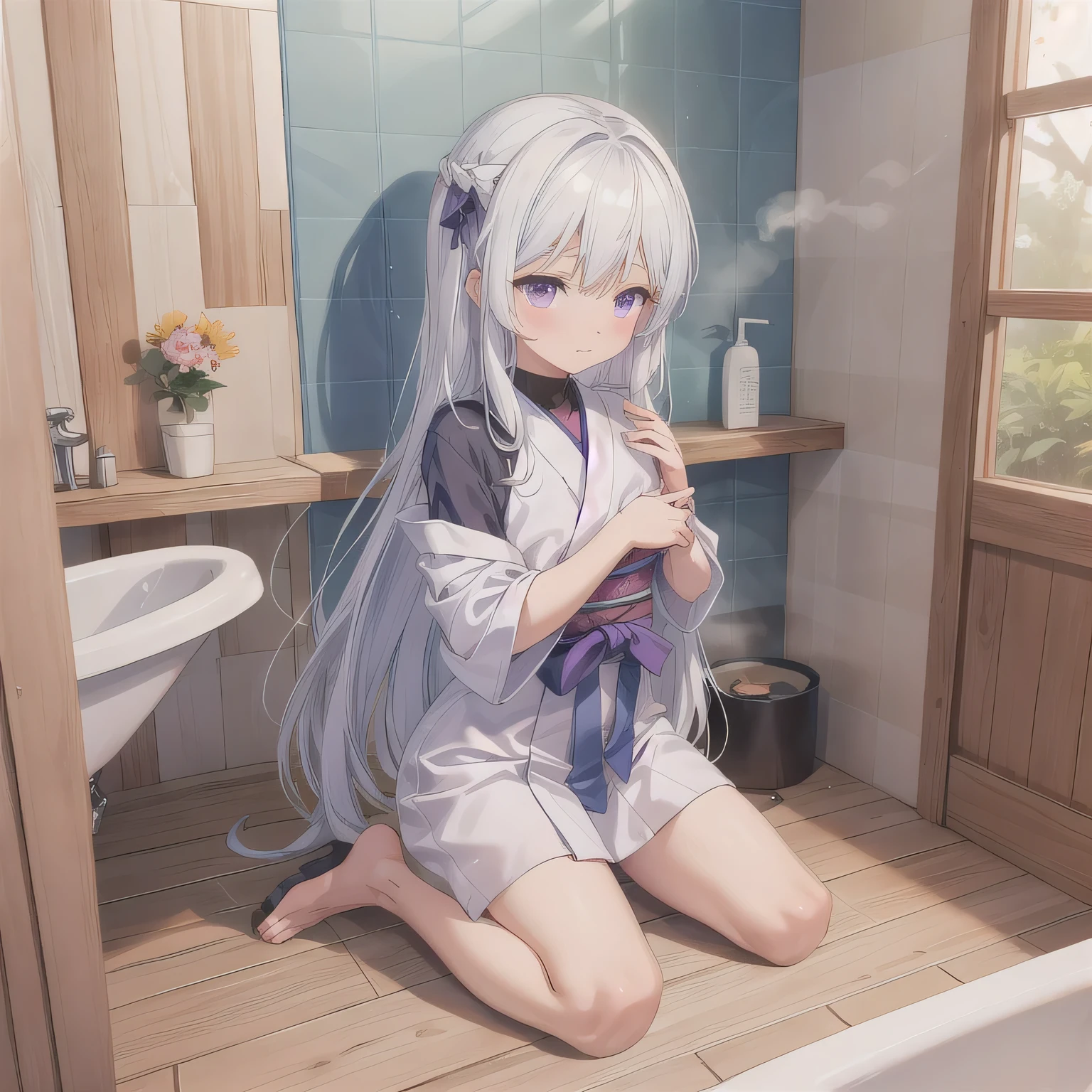 A beautiful woman in a A narrow, compact Japanese bathroom, with tiled walls, a small bathtub, and a wooden stool beside it. Steam fills the room., sitting in seiza style , politely waiting to greet someone.The character is wrapped in a towel around the body. White hair, long hair, purple eyes.