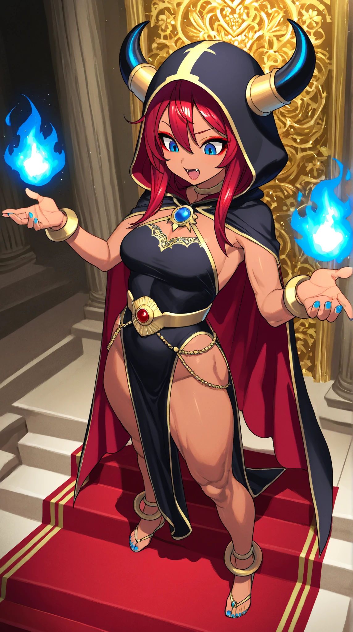 ((BLACK BACKGROUND 1:2, masterpiece)) 1solo female full body MILF BIMBO standing straight symmetrical with two long thighs and two metal sandals, 
red eyes like rubies, eye focus looking to the viewer, silver white hair, short bob style hair, 
big knockers breastplate, breastplate, cleavage, 
tiara royal, 
long cape up to two feet, 
yellow bikini (yellow tiger stripes), 
lustful smirking smiling, smile face (red blushed, red cheeks), 
pauldrons metal shoulders, gold sleeveless bracelets, separate sleeves, hands on waist hands OR hips, golden bracers, metal handcuffs, 
leather corset, red loincloth, 
black leather choker slave collar, shackles bracelets, 
slave red crest under navel, navel, big belt around waist OR hips,
feet together, metal ankle, two long thighs and two metal sandals