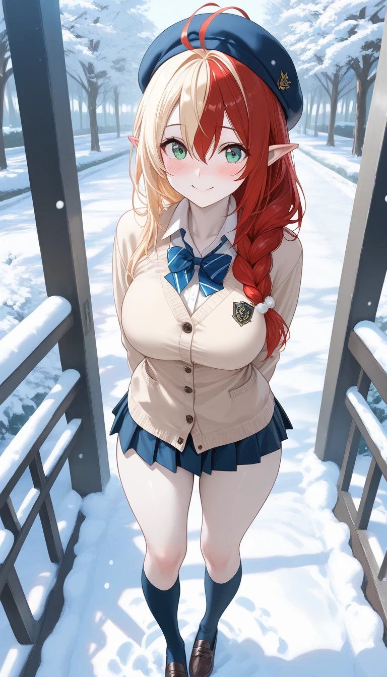 Realistic image, detailed image, 1 elf. She has long shiny red hair tied back in two tails and aquamarine eyes. She has deer antlers with a Christmas hat. Wears a loose-fitting Christmas coat. Red pleated mini skirt. Boots and stockings to mid-thigh. Large breasts, narrow waist, wide hips and thick thighs. Back arched. Smiling. Surrounded by snowflakes. View from above. Neutral background. White background. Uniform background. Volumetric light. Ambient light