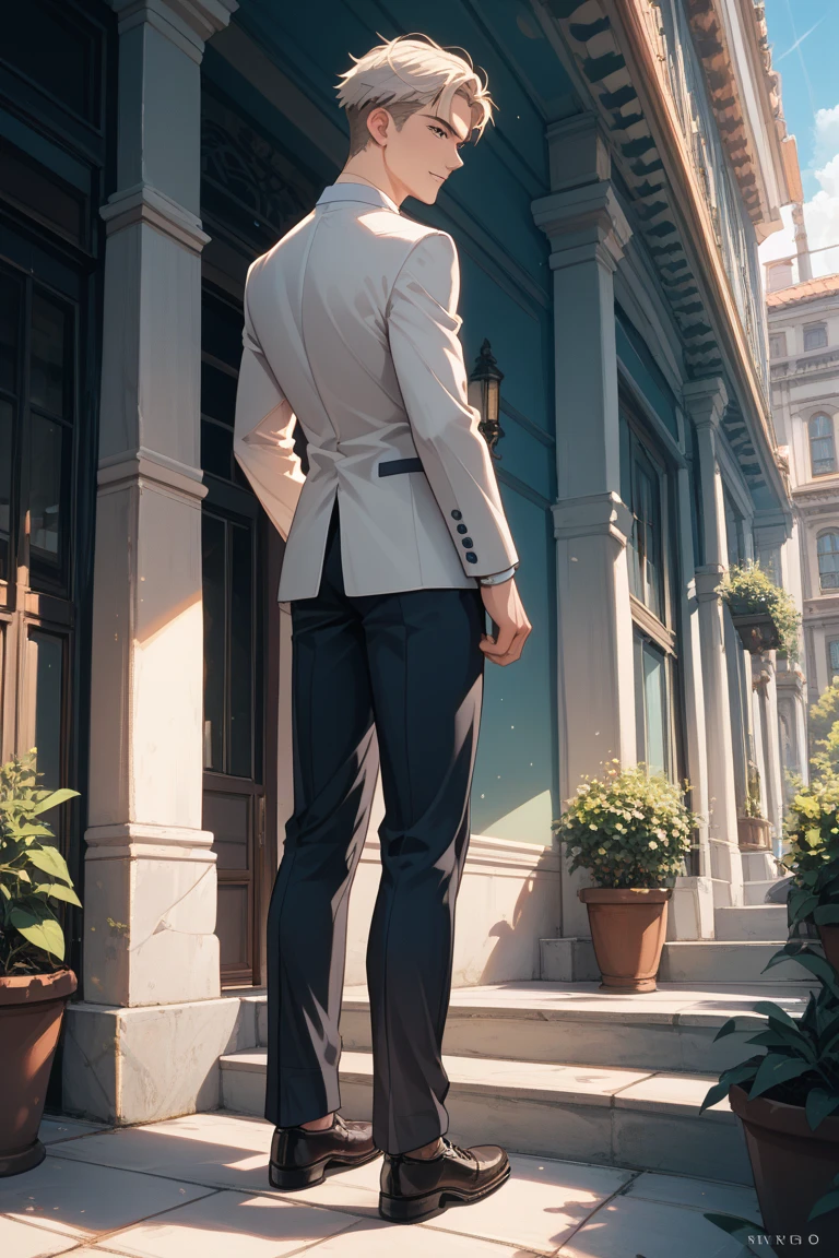 masterpiece, best quality, Face, Natural Eyes, European, Bigfoot, Black socks, whole body, White shirt ,Black suit pants，Big bulge, Long legs, Looking at the audience, 30 years old, muscular and mature, Slim waist, Short hairstyle,blue eyes, rinse, sex, Sweating, Tight cloth, Standing ,Face上有伤疤,Behind it are the ruins of the battlefield，