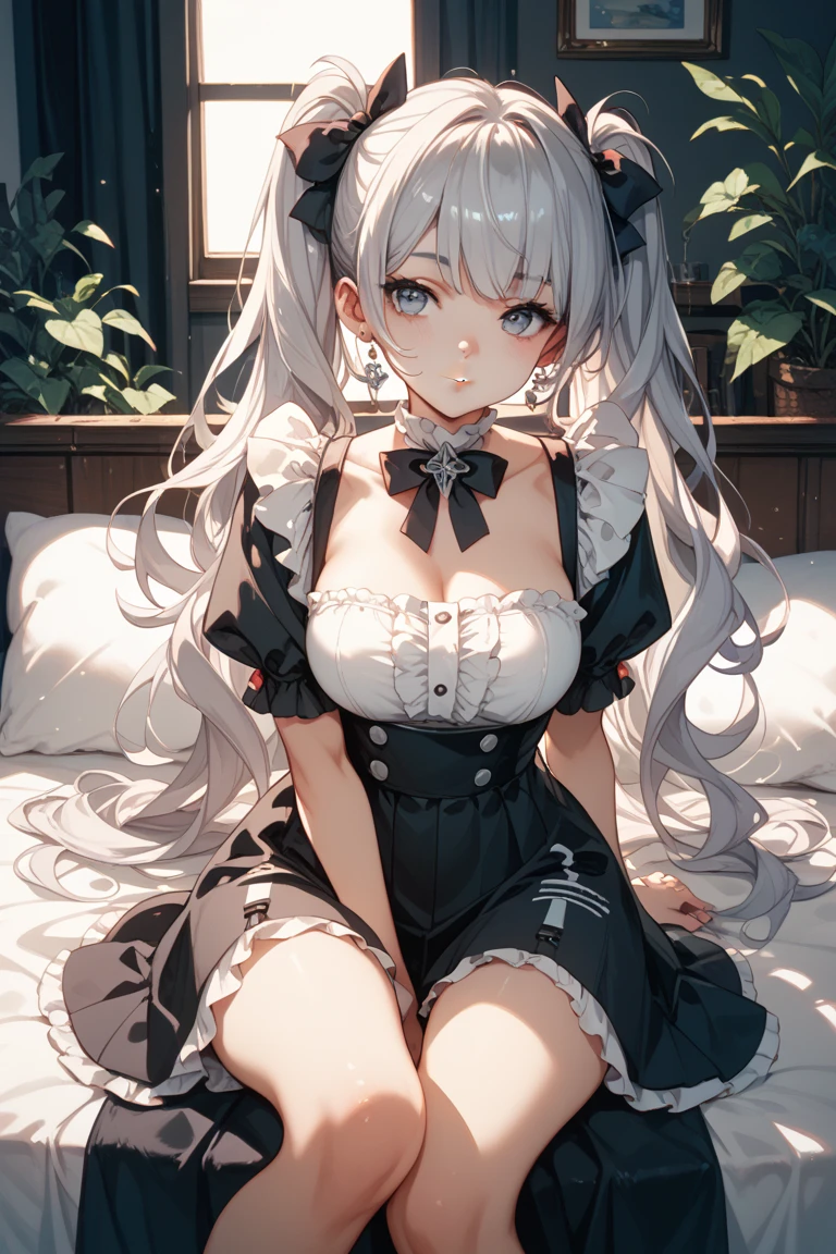 cat girl,Cat ear,perfect face,glowing skin,Flowing beautiful long hair, big breasts,open chest,exposed bare shoulders,slim and toned body,Nice sexy body,seductive pose,kneel down,Skinny white shirt with bow tie, Tight black skirt,super skirt,five fingers,long legs,8K artistic photography, photorealistic concept art, Cinematic perfect light with soft natural volume, amazing, Trending at Art Station, vibrant, production cinematic character rendering, Super high quality model, chiaroscuro