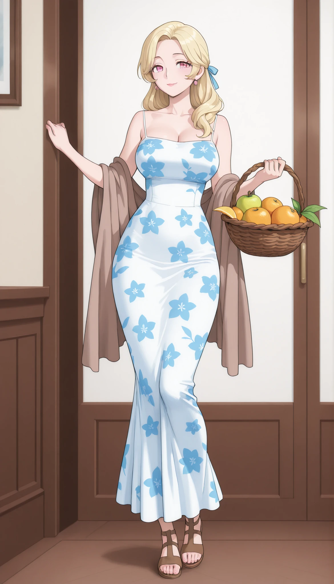 A mature beautiful woman with blond hair, extremely fair white natural skin, big pink eyes, red plump glossy lips, a small waist, and a perfect slim yet curvy body. She's only wearing a revealing mini blue floral dress with spaghetti straps, a long brown shawl draped over the dress, a hair ribbon on the side, and brown sandals. She's standing, holding one fruit basket, a soft smile, and in a cozy, big living room. Show her full body and super hyper-detailed.