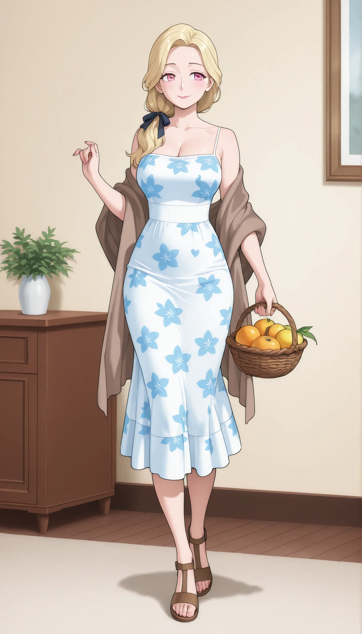 A mature beautiful woman with blond hair, extremely fair white natural skin, big pink eyes, red plump glossy lips, a small waist, and a perfect slim yet curvy body. She's only wearing a revealing mini blue floral dress with spaghetti straps, a long brown shawl draped over the dress, a hair ribbon on the side, and brown sandals. She's standing, holding one fruit basket, a soft smile, and in a cozy, big living room. Show her full body and super hyper-detailed.