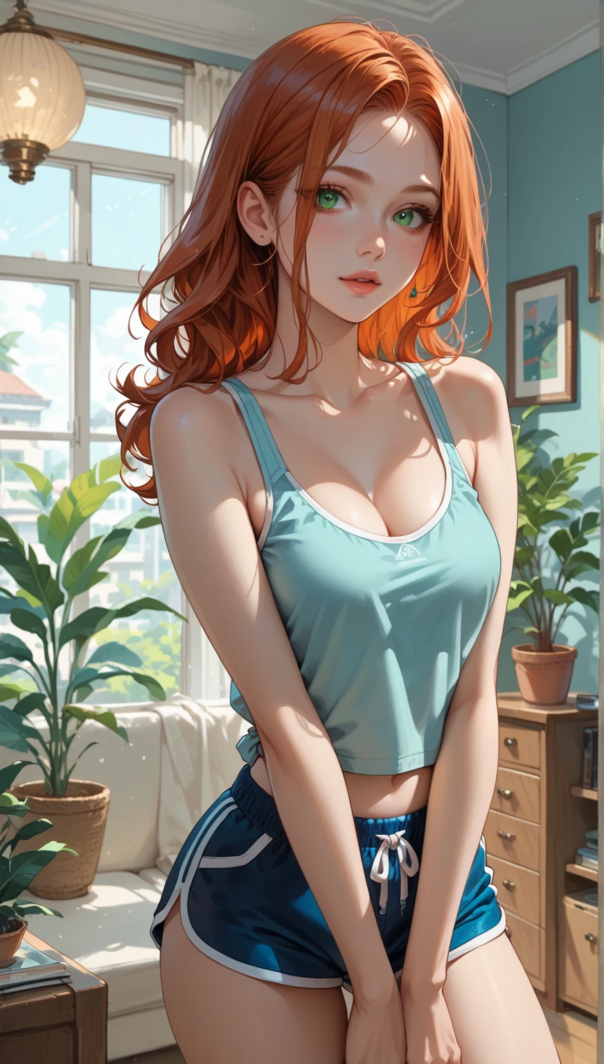 1girl, natural lighting, masterpiece, highly detailed, illustration, game CG, absurdres, high quality, beautiful detailed eyes, glossy lips, natural lighting, medium breasts, redhead, bangs, green eyes, freckles, sitting, bench, tank top, cleavage, short shorts, light smile