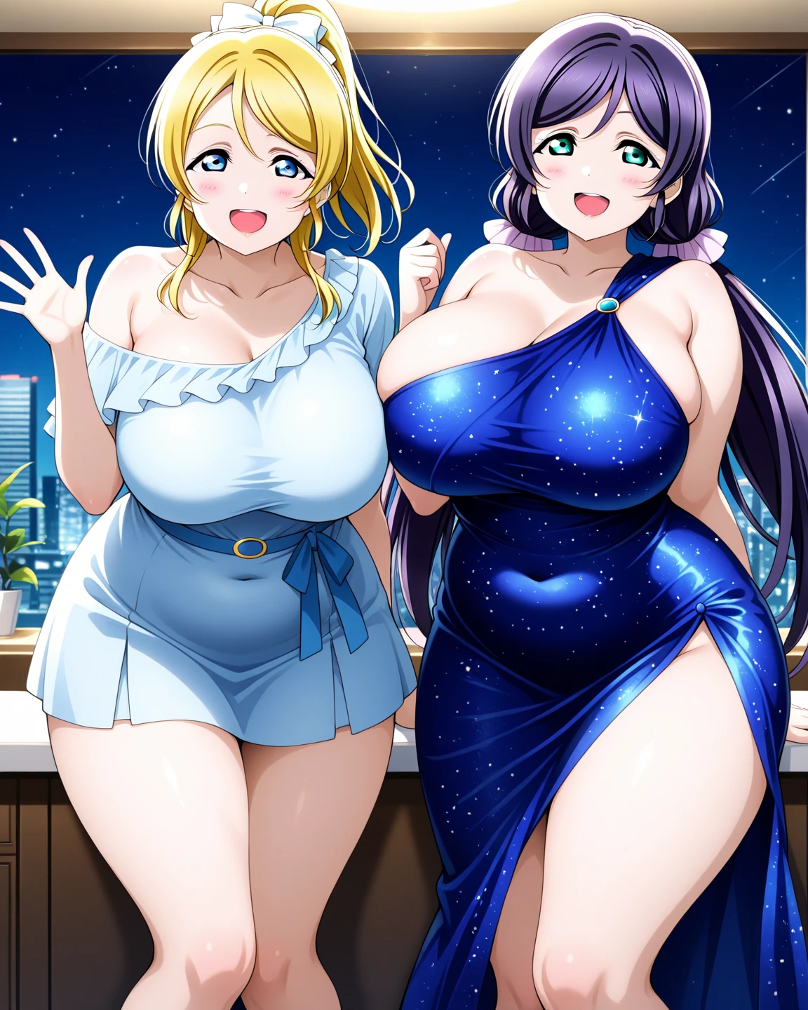 2heads, a short chubby woman with 2 heads. She has massive breasts. She is wearing a revealing outfit. She is colorful. She is singing. She has long flowing hair. She has gigantic breasts.
