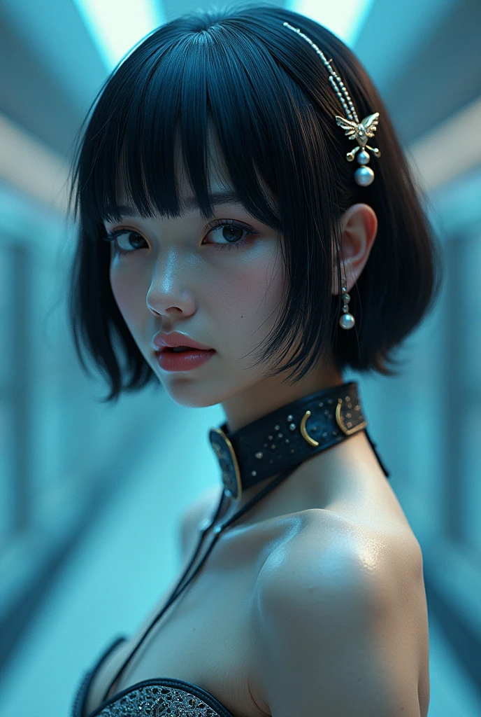 photograph of a female bionic in her twenties，made of smooth white and silver translucent glass and plastic,  geisha makeup and hairstyle , Silver metal interior,  dynamic pose, Fluid organic structure, sparkling gold circuit, colorful Neon Decor, Light-emitting circuit, Neon Decor, Depth of field focus f/2.8,