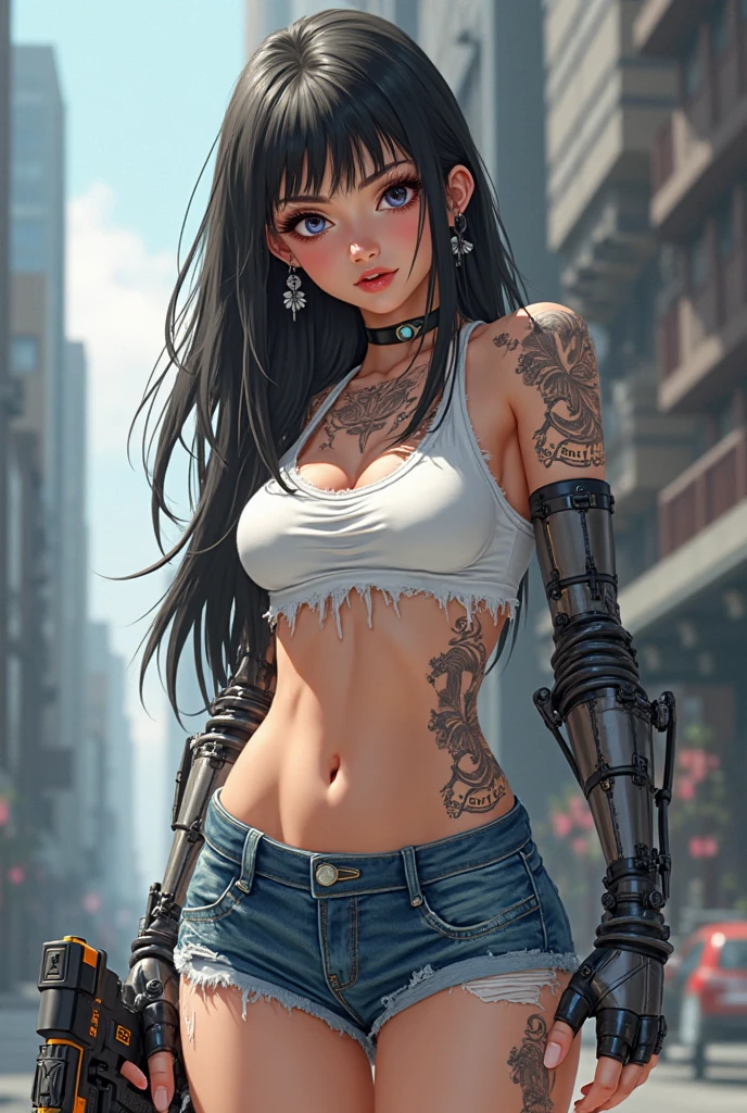background, mixed-language_text, Japanese letters in graffit, Kelly Brook beautiful woman, long black hair, excellent lighting, sidelighting, perfect ultimate (flat color: 1.3), (magazine_cover: 1.4), (multicolored_background: 1.3), striped_background, card_background, :: discs with sharp and shiny blades in the hand :: circular pieces of white metals glued to the ultra detailed arms coming out sparkling glow, black star design stamped in the middle of the shirt ,  Perfect and detailed sculptural body, ultra detailed shirt with abstract design and with Japanese letter print in grafit of the sides of the clothing, worn jeans, big breast, with immersive effects, hover effect, background graffiti style tribal tattoo with flowers and vibrant colors, "ultra HDR" detailed and with focus effect, (masterpiece: 1.2, best quality), (beautiful eyes with huge eyelashes finely detailed:  1.2), , ((Solo)), (Finely detailed eyes and detailed face:1.3),