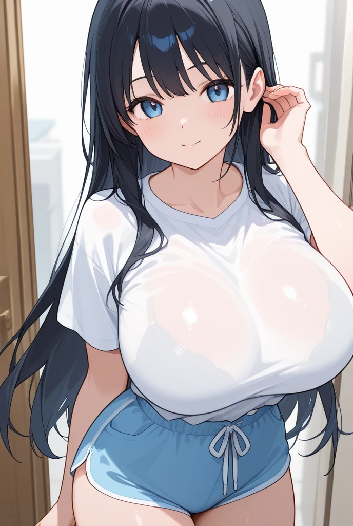 Brown_long_hair, 1girl, hair_over_one_eye, blush_on_cheeks, excited, embarased, ashamed, shy, turned_on, closed_mouth, black_choker, red_shoulder-length_shirt , open_shoulders, open_breasts, tiny_blue_skirt, no_panties, perfect_quality, perfect_high_resolution, massive_sexy_breasts, sexy_young_girl, sexy_loli