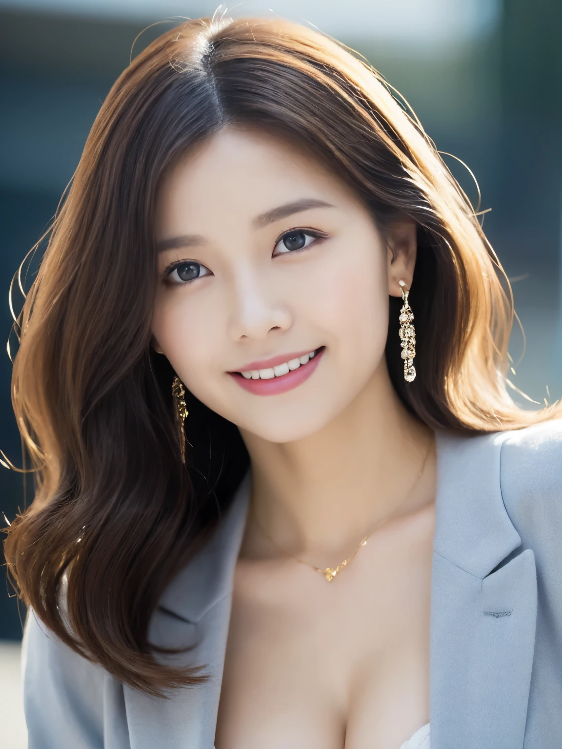 8k wallpaper, masterpiece, Highest quality, Super detailed, One Mature Woman, 50 years old, Become very clear, Wearing a short-sleeved knit, Skin dents, Captivating smile, Looking at the audience, Cleavage, plump, Curvaceous, Fascinating face, Smiling with teeth showing, I was happy, Sitting in a cafe, Background Blur