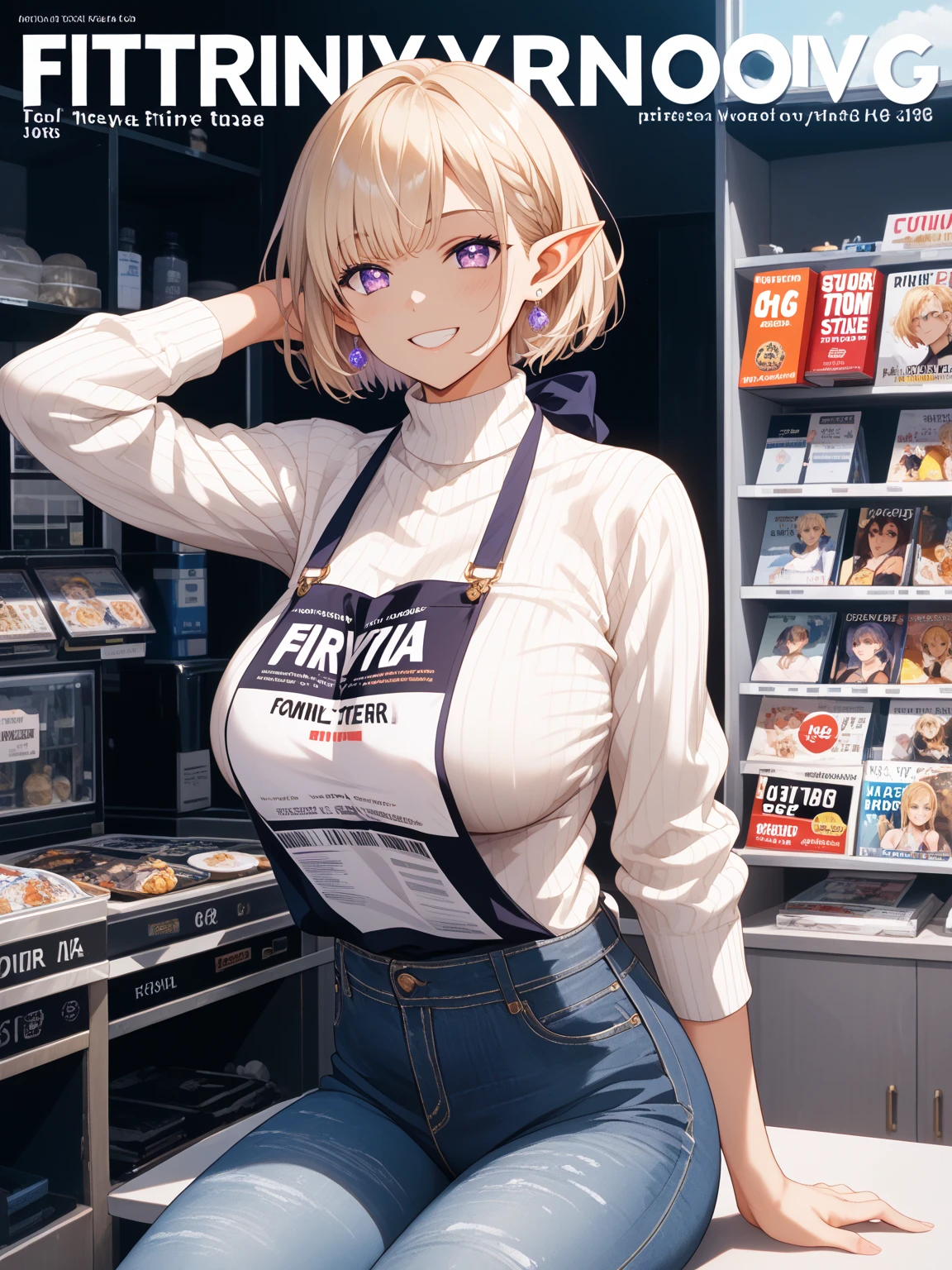 best quality, afterglow, 4k, ((masterpiece)), extremely detailed, 8k, trending on ArtStation, Intricate, High Detail, Sharp focus, <lora:helltakerLora_10:0.7>, rose lalonde, thick thighs, wide hips, blonde hair, black hairband, purple eyes, panties, (t-shirt), (white shirt), no pants, black panties, ((g-string)), ((thong)), waitress, tray