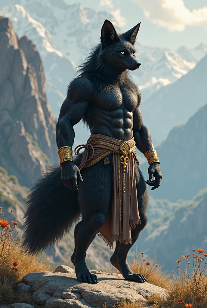 Blaidd the half wolf (elden ring) full body, gray fur, eyes with semi-gray pupils, big muscles, totally naked, black penis and black testicles, Whole body. Taran Fiddler