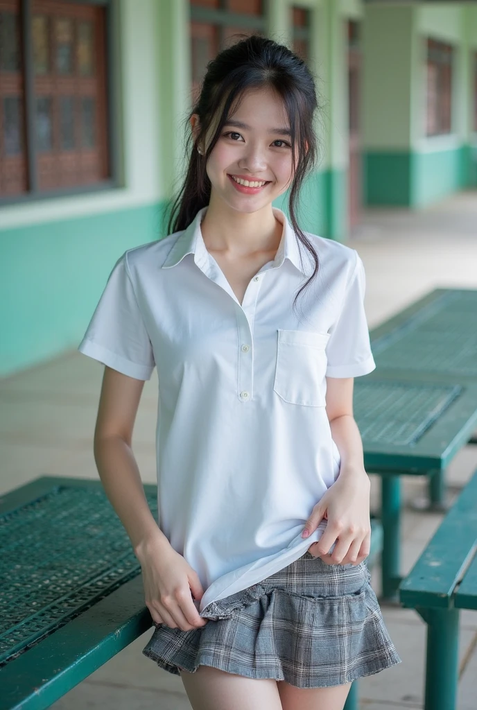 (Masterpiece, Best quality:1.4), (Ultra realistic, Photo-realistic:1.2), Full body, (kneeling:1.2), Looking at viewer, Natural light, 25 years old actress, Japanese women, (arms behind back: 1.2), Neat and clean, (White sexy tennis uniform, White short-sleeve polo shirt with darknavy line collar:1.2), (unbutton:1.3), (White tennis skirt:1.1), (Short wavy ponytail:1.2), Short wavy hair, Light brown hair color, (Beautiful Face), Oval face, clear, (Beautiful eyes, Kind eyes), (Clear skin), Small face, (Small mouth, Beautiful mouth), Natural makeup, Approachable, Luxury hotel Suite room, On bed, (nsfw:1.1), Seductive smile, (Seductive pose:1.2), (Beautiful thighs:1.1), Bedroom eyes,