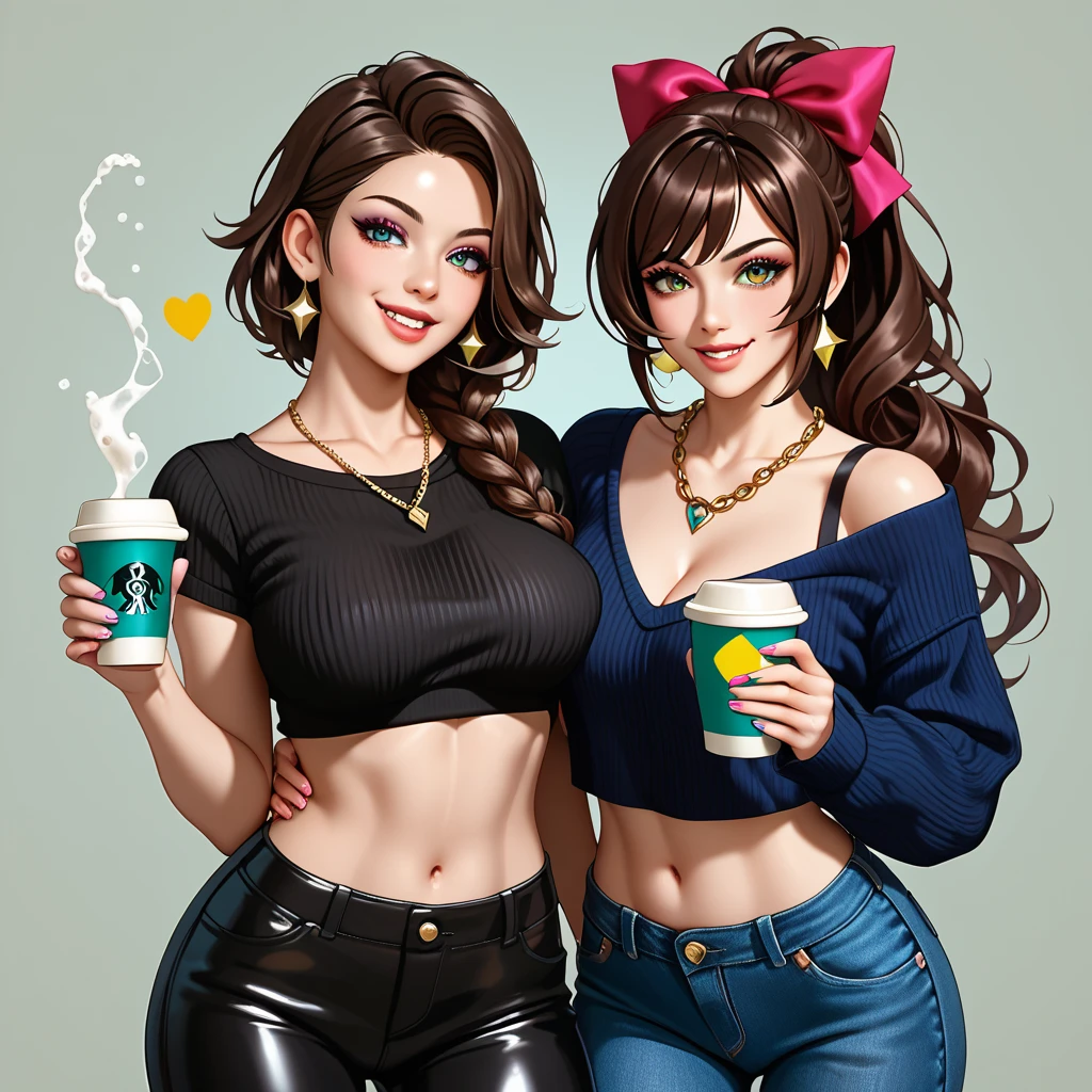 An attractive woman with diamond blue eyes, oval face with smiling shining teeth, sparkling black hair, gorgeous body, small breast, wearing a green top, strong abdomen, blue jeans, anatomically perfect, in a café, HD picture, 8k, artwork, perfect illustration