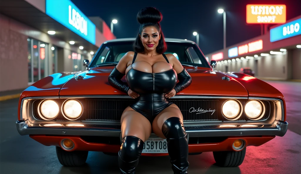 01 bela mulher ocidental (sozinho), vestida com roupas pretas ((corpo inteiro)), is posing in front of a black 1978 Corvette Stingray. Ela usa luvas de motorista, um cinto com fivela distinta e botas femininas de cano longo. her hair is long and black, e ela tem um olhar confiante. The woman is standing in the middle of the highway, with arms crossed. She's looking directly into the camera, como se estivesse desafiando o espectador ((Russ Meyer inpiração)). The Corvette is behind her, com o motor ligado. The woman and the car are the main focus of the image, and the background is blurry. renderizado, UHD, cinematic quality.