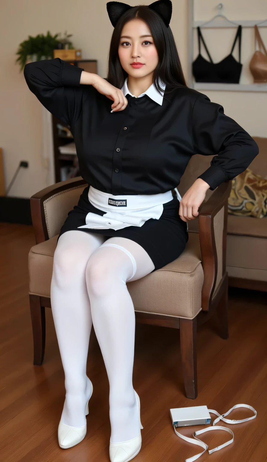 ((best quality)), ((masterpiece)), (detailed), perfect face, ((40 years old)),Malaysian girl, fat, , satin hijab, wearing white long gamis, white stockings, heels, chair, messy kitchen, doggy pose
