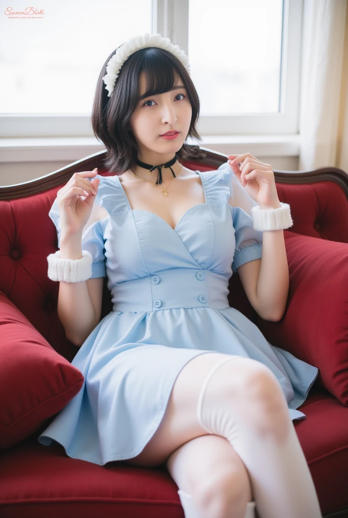 a young woman in a provocative maid costume. She has short, black hair with bangs, large breasts and is wearing a maid headband. Her outfit includes a low-cut, ruffled dress that exposes a significant amount of cleavage, with matching thigh-high stockings that have lace trim. The woman is (on her hands and knees:1.6) on a light blue sheet, looking directly at the camera with a sexy flirty expression. The background is a luxury mansion bedroom. The overall scene is highly stylized and erotic.