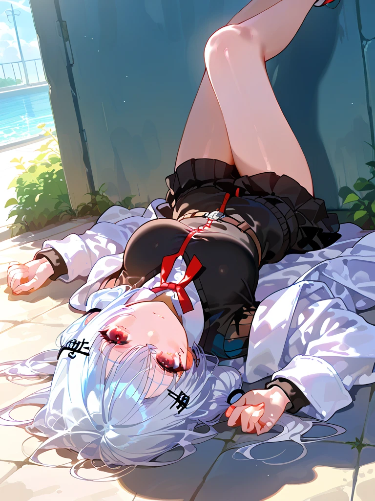 best quality, tottering, falling, blow off,  perfect ???????, white underwear, closed eyes, sad, annoying, despair, tearing up, tired, :o, bleed, dirty, torn clothes, detailed background, dark magician girl