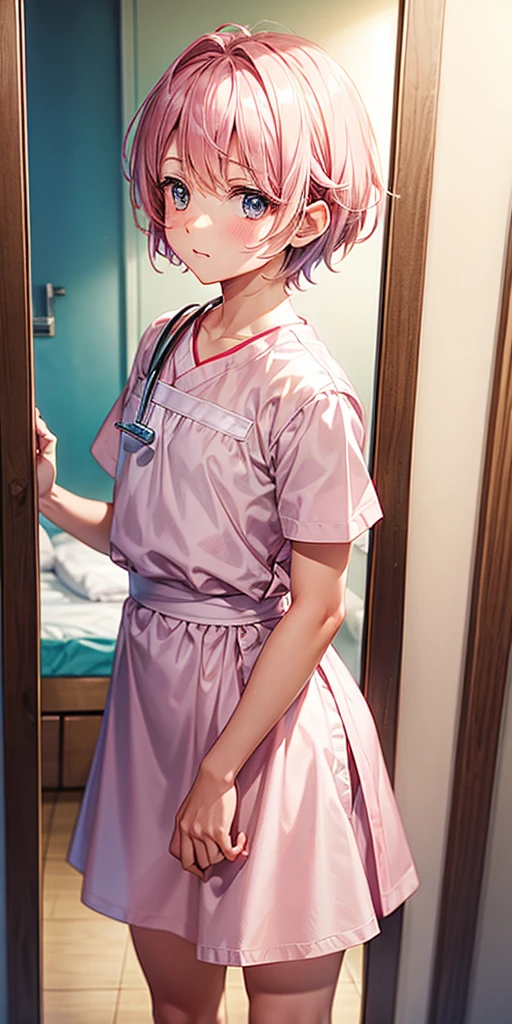 (Highest quality, masterpiece), One girl, MitsuriKanroji, chest, From below, teeth, Bend your body, nurse, Turn your head back, underwear, smile, View from behind, Low - Angle