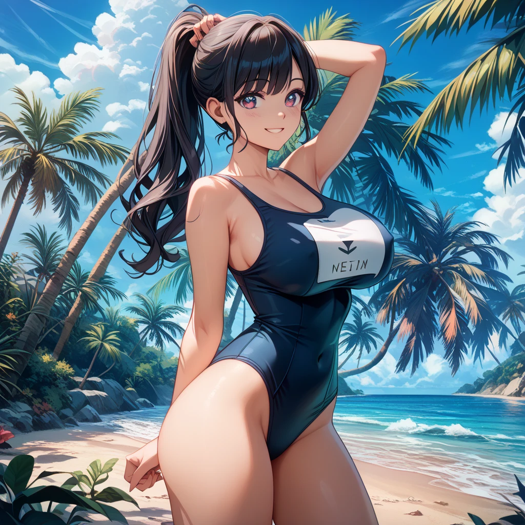 Girl in swimsuit、Realistic competitive swimsuit 、Beach、high school student、Black hair pigtails、Boob proportions,Anatomically correct skeleton,(solo:1.6)、