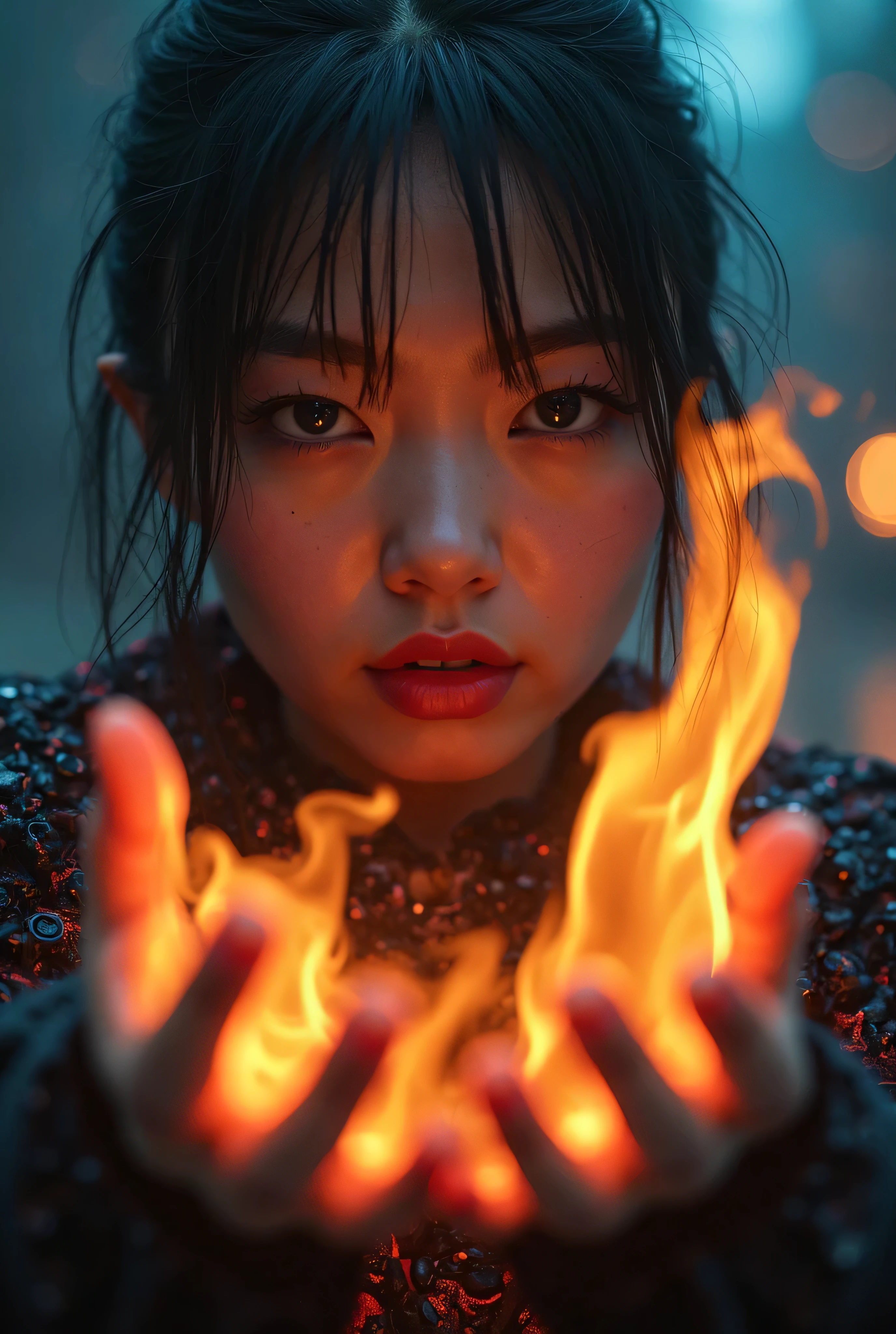 A magician of Asian origin with long black hair, rosto angelical, casting fire magic and equipping a magic wand and fire orb
