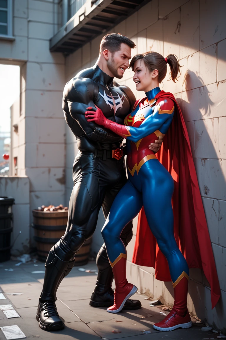 a superman holding a beautiful ultraman woman with a beautiful face, from behind while laugh in front of the city, bright and colorful light