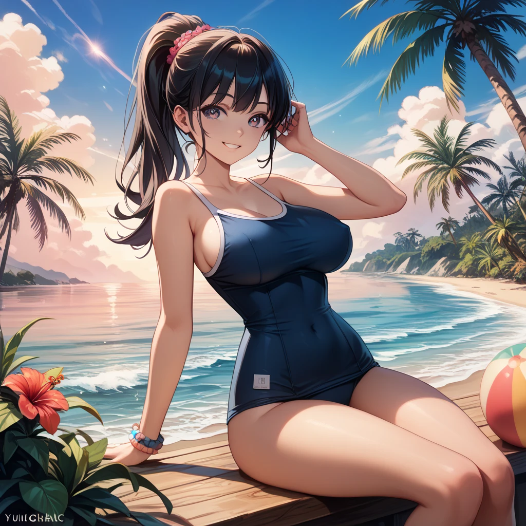 A radiantly beautiful woman with dark brown locks reaching down to her waist gracefully flows as she stands by the side of the blue crystal clear pool. Her long hair, meticulously styled, shines under the dappled sunlight filtering through the lush tree branches. The elegance of her big, slim face, framed by her dark brown tresses, captivates the onlooker as she lets her smile light up her visage. At a height of 145 cm, she exhibits a playful charm as she holds a beach ball, her full body angles gleaming in the bright summer sun. The inviting surroundings invite you into her world, as she relaxing in her vibrant