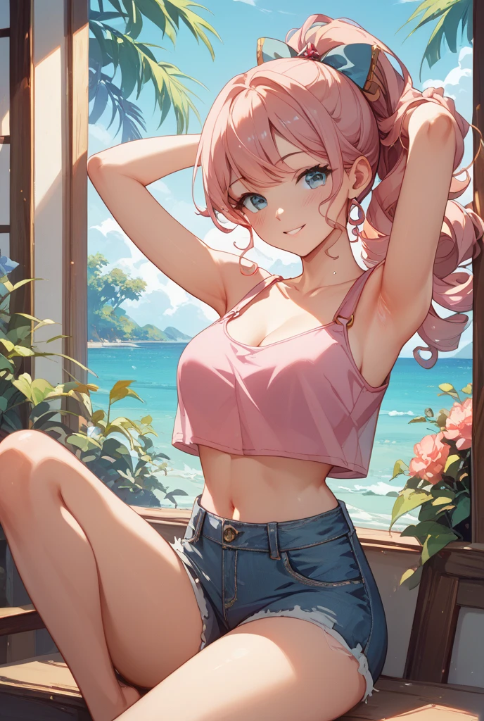 (cutesexyrobutts:0.9), (score_10, score_9_up, score_9, score_8_up, score_7_up, score_6, score_5, score_4, source_anime), (digital painting), (fine line work), (best quality), (extremely detailed), (highest quality), (intricate linework), (intricate details), more detail XL, 1girl, solo, cowboy shot, nakano nino, pink hair, butterfly hair ornament, crop top , cleavage, Denim shorts , medium breasts, standing, school, outdoors, smile, (dress, (cleavage:1.0)). Pose sexy muy sugerente,