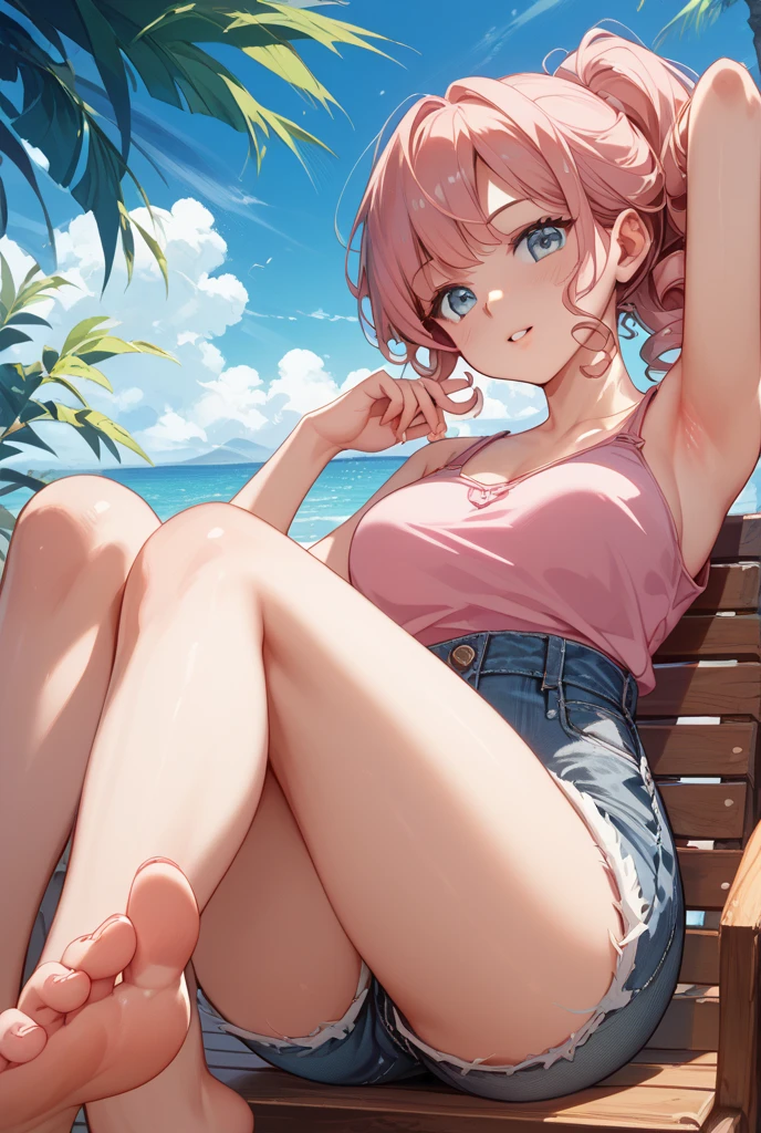 (Masterpiece: 1.2), (Best quality: 1.2), high resolution, detailed. BREAK. ((Cute girl with red hair in twin braids)), (1, pink tank top and shorts, , content expression: 1.3), drinking cold lemonade with straw, lying on beach towel. BREAK. Sunny beach, large umbrella, sandy beach, ocean with gentle waves, people playing in water. BREAK. ((Bright sunlight)), shimmering water, small portable fan nearby. BREAK. ((Positive: 1.3)). BREAK. Cheerful digital illustration, beach vacation mood