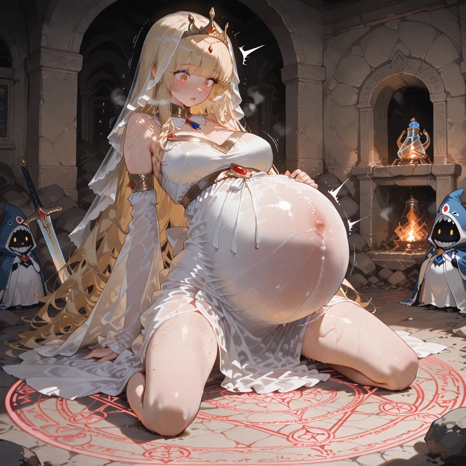 close-up of a round pregnant belly covered in a long white dress of a blonde woman