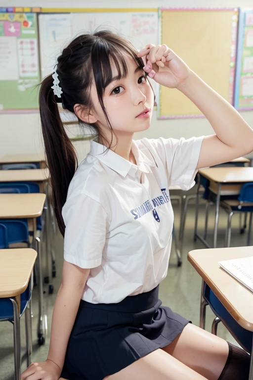 (1young girl), kawaii, (highly detailed Beautiful face), Amazing face and eyes, (Best Quality:1.4), (Ultra-detailed), (extremely detailed CG unified 8k wallpaper), Highly detailed, High-definition raw color photos, Professional Photography, Realistic portrait, twintails, (hi-school uniform, pleated mini skirt:1.3), (hi-school uniform with wide open breasts:1.2), Sitting, (open your legs), cameltoe, depth of fields, School, classroom, (fine face:1.2), (from below)