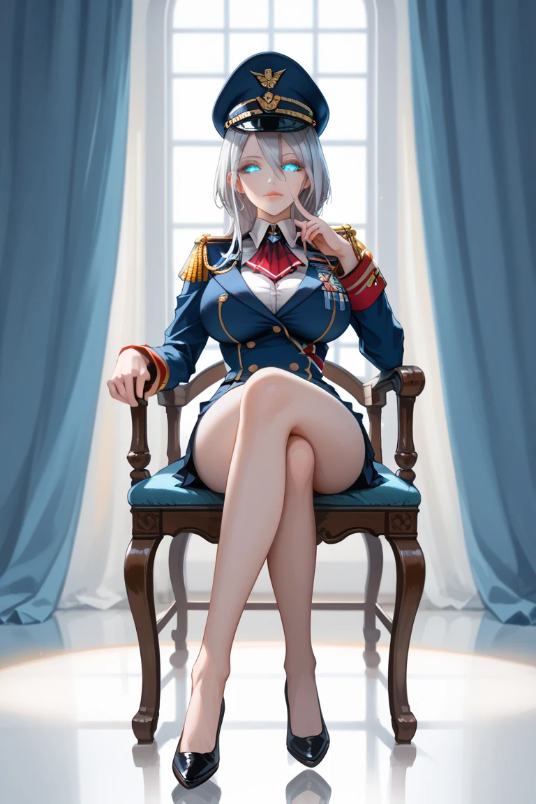 Blue hair, blue eyes, big boobs, female, iron cross hats, iron cross uniform, sitting on an ice throne, icy floor, crosslegs