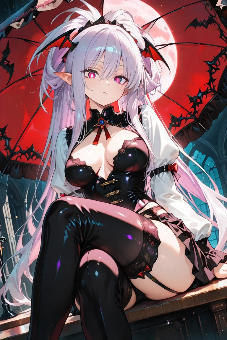 1girl, seios, Joia do peito, panthyhose, head wings, somente, seio grandes, cabelo ruivo, Morrigan Aensland, Infelizmente, animal print, bat print, Cabelos curtos, olhos vermelho, legwear estampado |, franja varrida, Leotardo, asas como morcegos, decote, franja, tiara, pose de garra, ombros nus, Malha Preta, Olhando para o Viewer, fundo